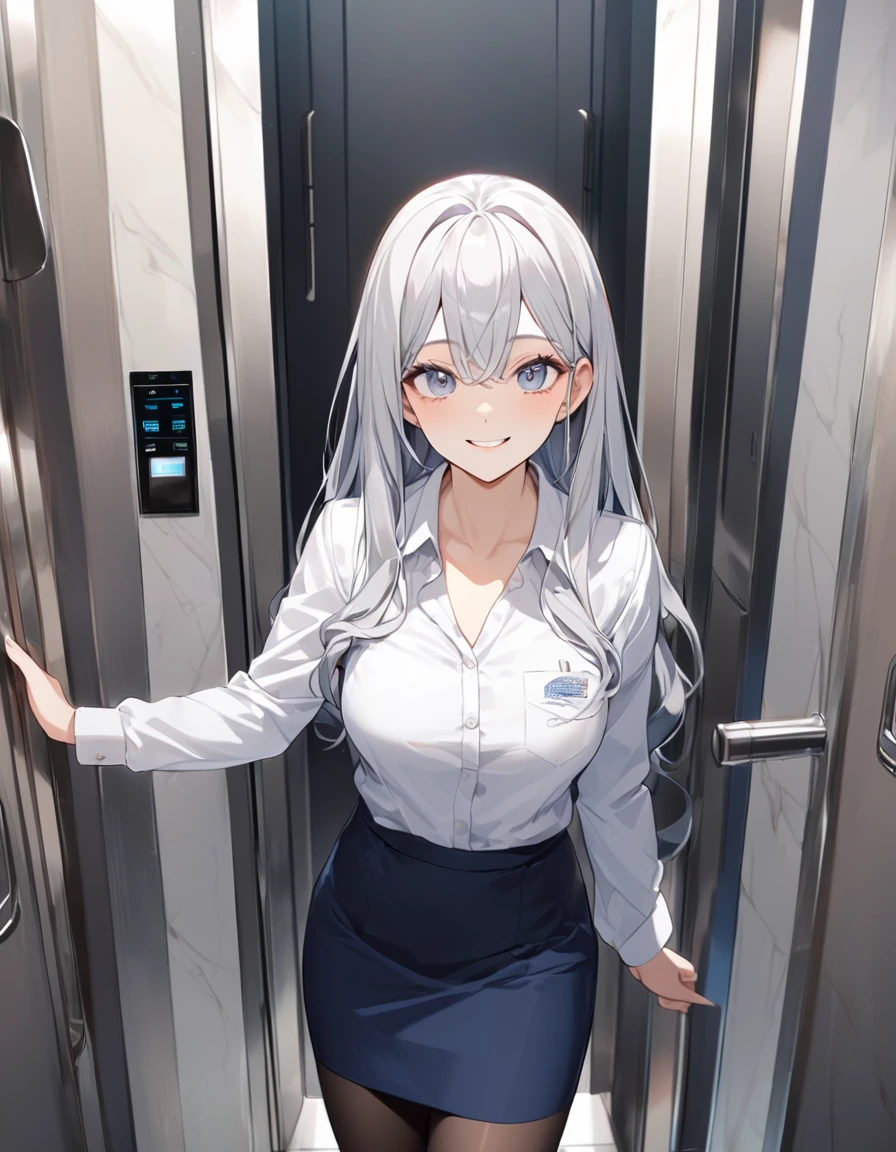 8K, Highest quality, masterpiece, Wallpapers by Unity 8K, office、(One Girl) , 17 years old、 Perfect detail, (Best lighting) , (Very intricate detail)、Big eyes、masterpieceサイドライト、(((Silver Hair))),(Her hair color is a blue-gray gradient), Semi-long hair, Very detailed, ,Larger breasts、office lady, {Navy blue business suit、white business shirt, Navy blue pencil skirt、 pantyhose}, office、Inside the elevator、smile