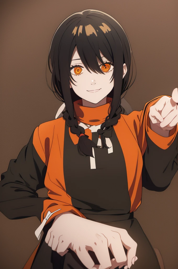 1 girl, solo, Nayuta (chainsaw man), black hair, x hair ornament, long hair, hair ornament, orange eyes, looking at viewer, long sleeves, dress, uniform, smile, ribbon hair, closed mouth, shirt black, hair between eyes, traditional media, (giving half a finger)