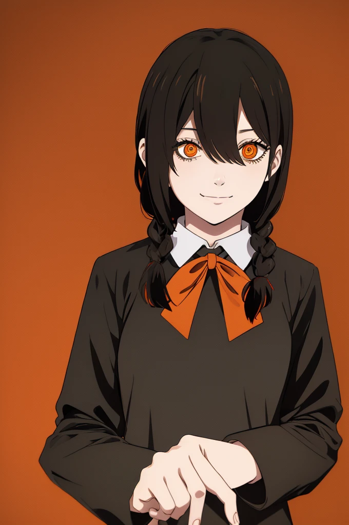 1 girl, solo, Nayuta (chainsaw man), black hair, x hair ornament, long hair, hair ornament, orange eyes, looking at viewer, long sleeves, dress, uniform, smile, ribbon hair, closed mouth, shirt black, hair between eyes, traditional media, (giving half a finger)