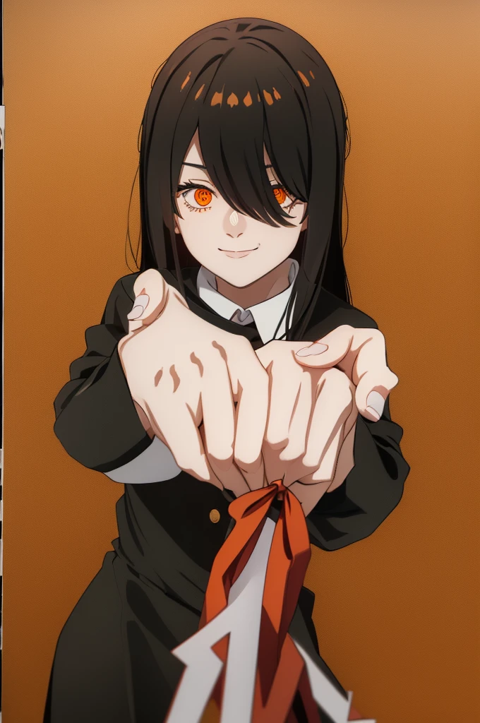 1 girl, solo, Nayuta (chainsaw man), black hair, x hair ornament, long hair, hair ornament, orange eyes, looking at viewer, long sleeves, dress, uniform, smile, ribbon hair, closed mouth, shirt black, hair between eyes, traditional media, (giving half a finger)