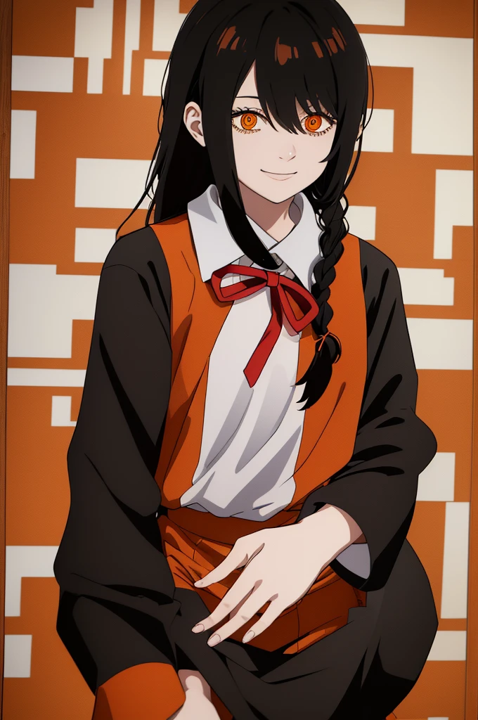 1 girl, solo, Nayuta (chainsaw man), black hair, x hair ornament, long hair, hair ornament, orange eyes, looking at viewer, long sleeves, dress, uniform, smile, ribbon hair, closed mouth, shirt black, hair between eyes, traditional media, (giving half a finger)