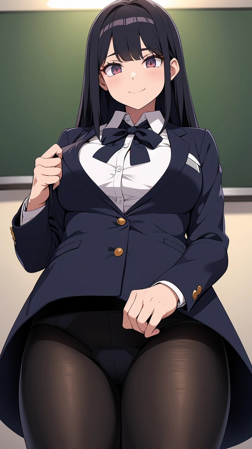 One Girl, Five Fingers, mini skirt, Looking down at the viewer, Black Hairロングヘアー, Highest quality, Focus on the thighs, Dynamic pose, smile, blazer, blouse, Black Pantyhose, panties under pantyhose, Standing Split, classroom, Black Hair, Stylish pose,My thighs and groin are steamy 