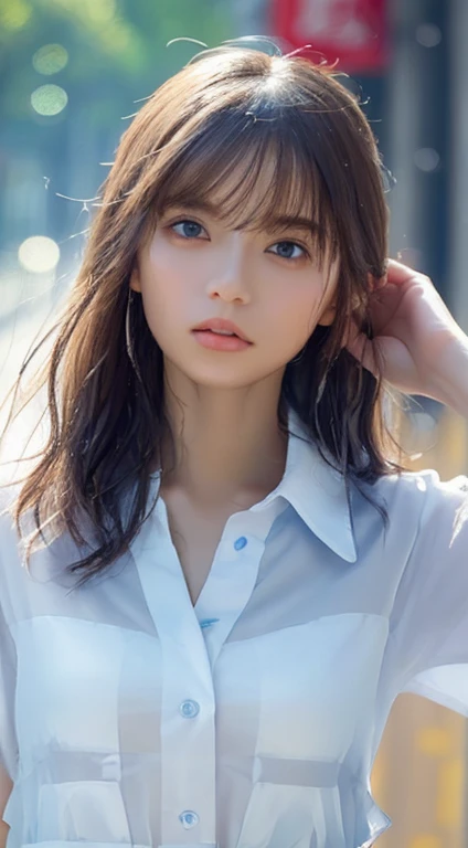 ((Highest quality, 8K, masterpiece: 1.3)), Sharp focus: 1.2, Beautiful woman with perfect figure: 1.4, whole body、Very cute face、Beautiful thighs、Put your right foot on the block、Slim Abs: 1.2, ((Layered Cut, small: 1.2)), (Wet white button-up long shirt: 1.1), (rain, street: 1.2), Wet body: 1.5, Highly detailed face and skin texture, Fine grain, double eyelid