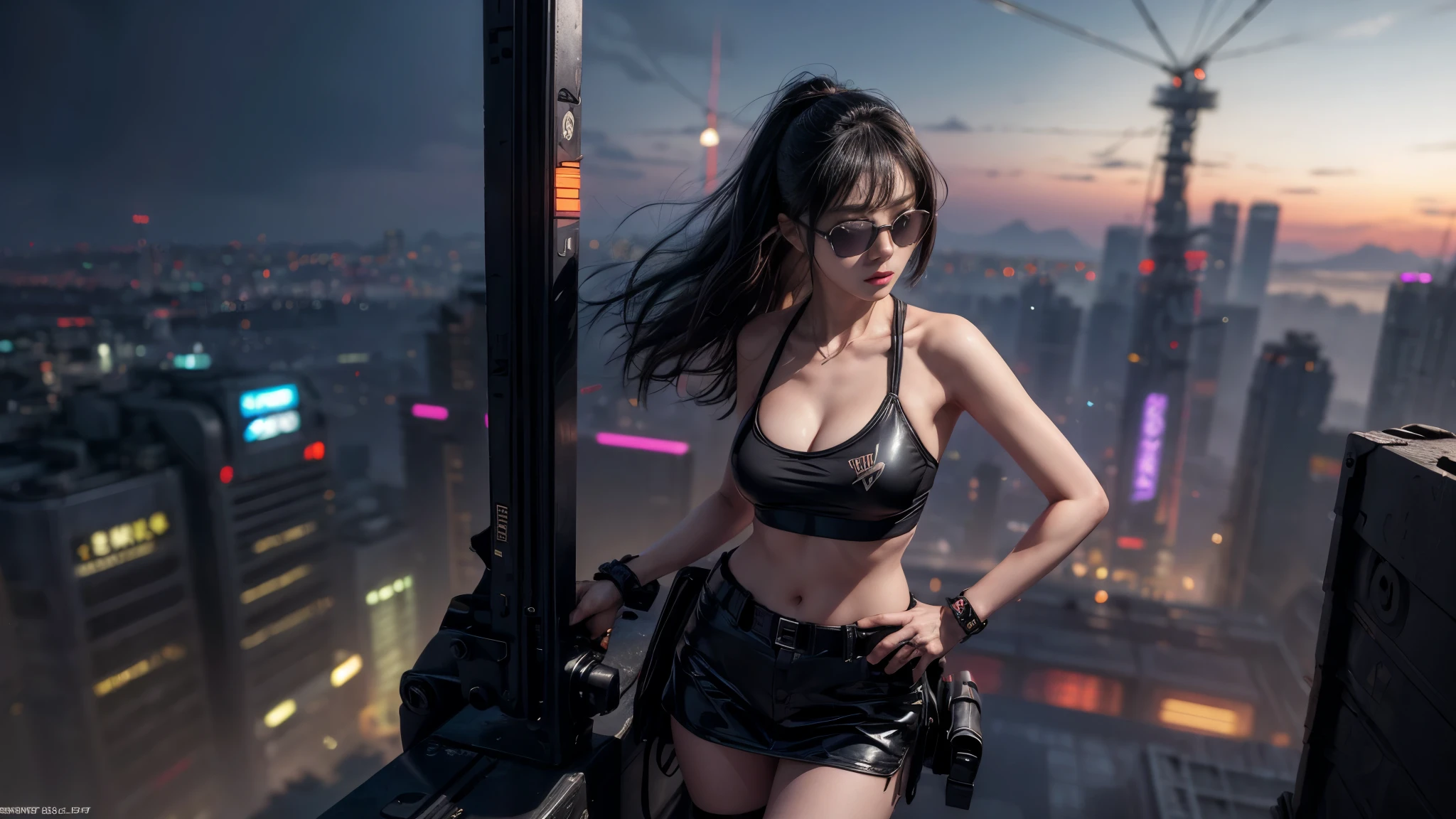 8k, Realistic Skin Texture, Realistic Photo, Neo Tokyo, slim Japanese women, large-breast:1.3 cleavage:1.2, AD2050 at night, Dirty hunting jacket, Wearing tube top, miniskirt, (((black sunglasses, automatic rifle, sneakers, cold, shooting pose, low angle view))), Innovative composition, revenge, cyberpunk, blade runner worldview, Large neon sign, Geisha hologram sign, Strong Wakamoto Sign.