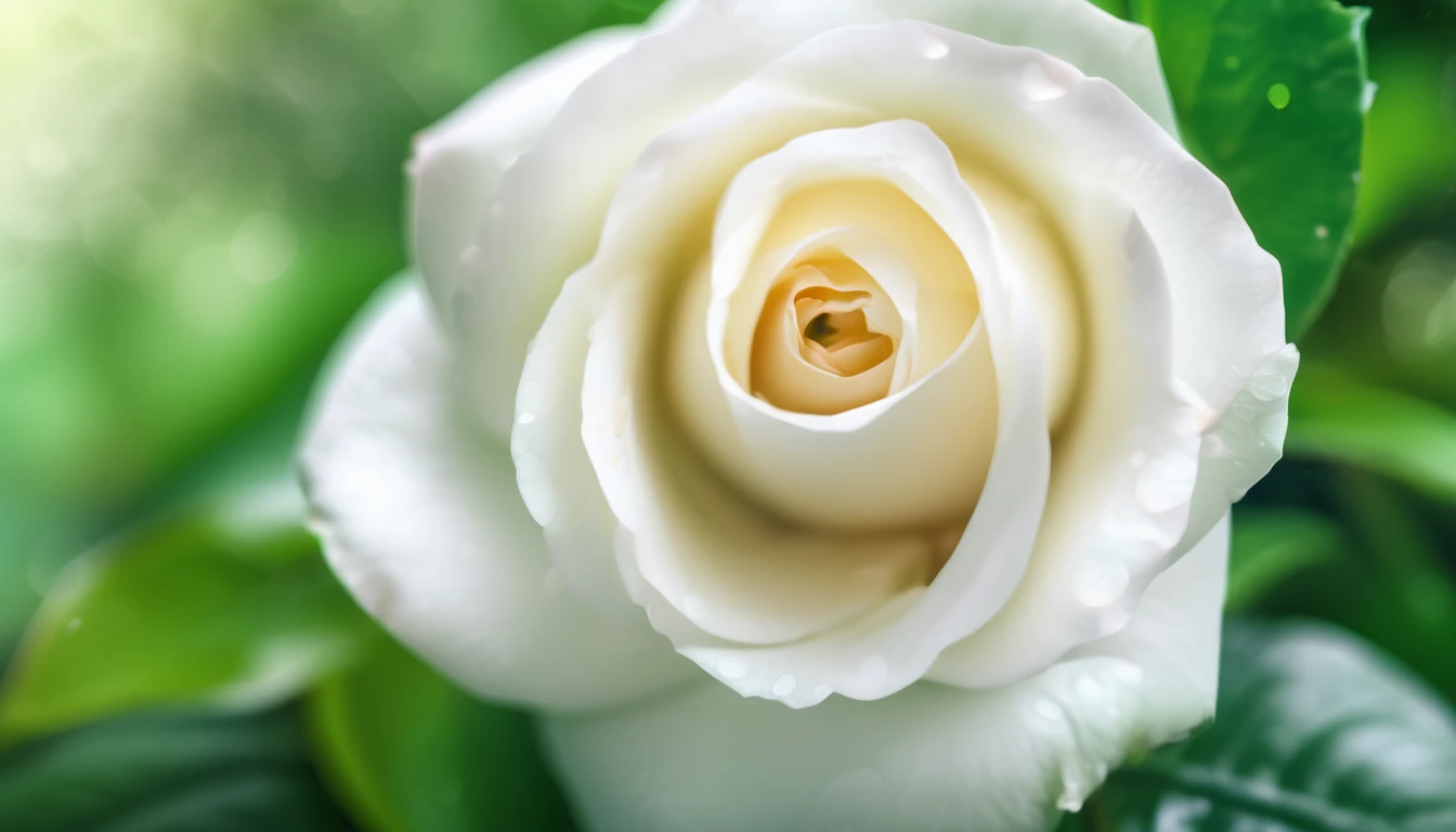 Close-up of vivid white rose centered in the frame, soft focus on surrounding lush green foliage, defocused background creating a bokeh effect, nature's palette in full display, natural light, ultra fine details, digital painting