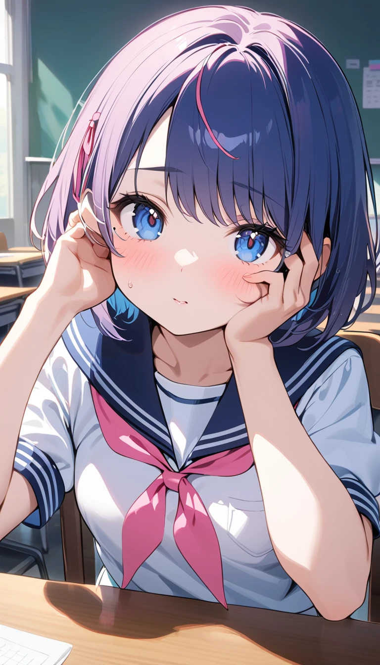 (1 girl),(Best Picture Quality, 8K, Masterpiece:1.3), (high school student:1.5), ((pink lob hair:1.1)), (bob cut),(swept bangs), (cute eyes, pupil black, iris skyblue, youthful face), (mole under right eye), (standard weight), (small breasts), (glistening skin:1.1),(pale skin:1.2), ((serafuku, white sailor short sleeve simple shirt, darkblue skirt, darkblue sailor collar, pink ribbon)),(sitting on a chair),(a class in session),((hands up,elbows on desk, face palm)),((front view:1.3)),,(looking at viewer),