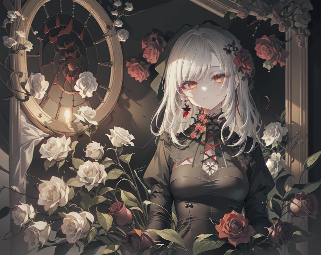 (best quality, masterpiece), (1girl, solo, black dress, standing , looking at viewer, white hair, red eyes, holding rose, closed mouth, upper body), (red dreamcatcher behind, red flower, )