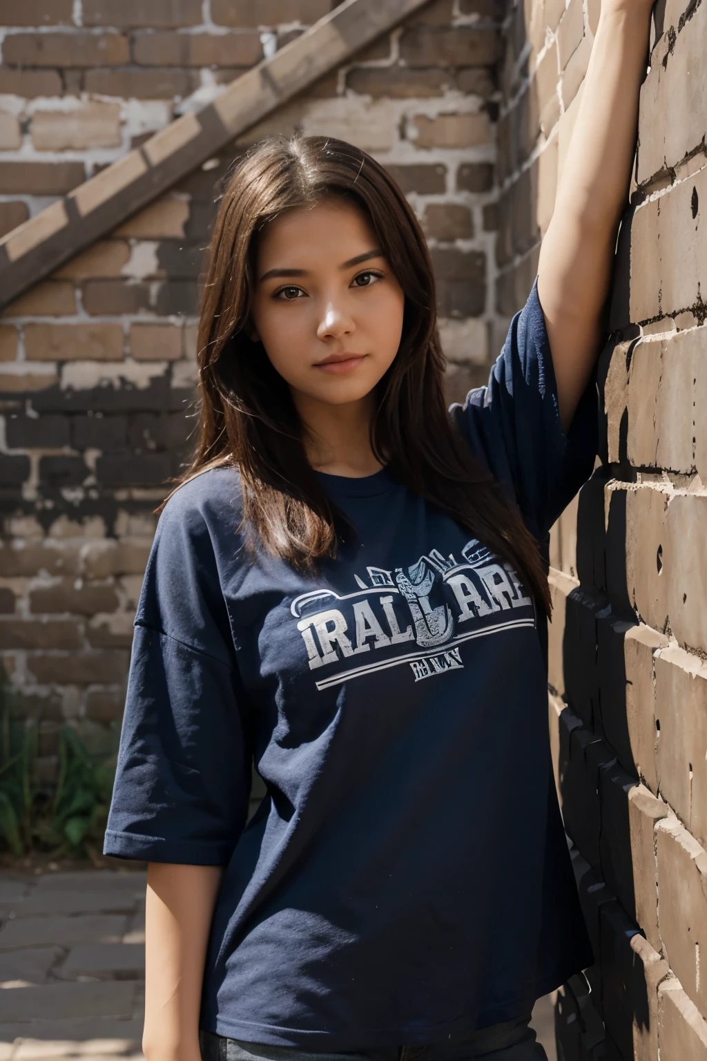 Girl in front of a Great Wall with a Large Iron Portal with Shirt