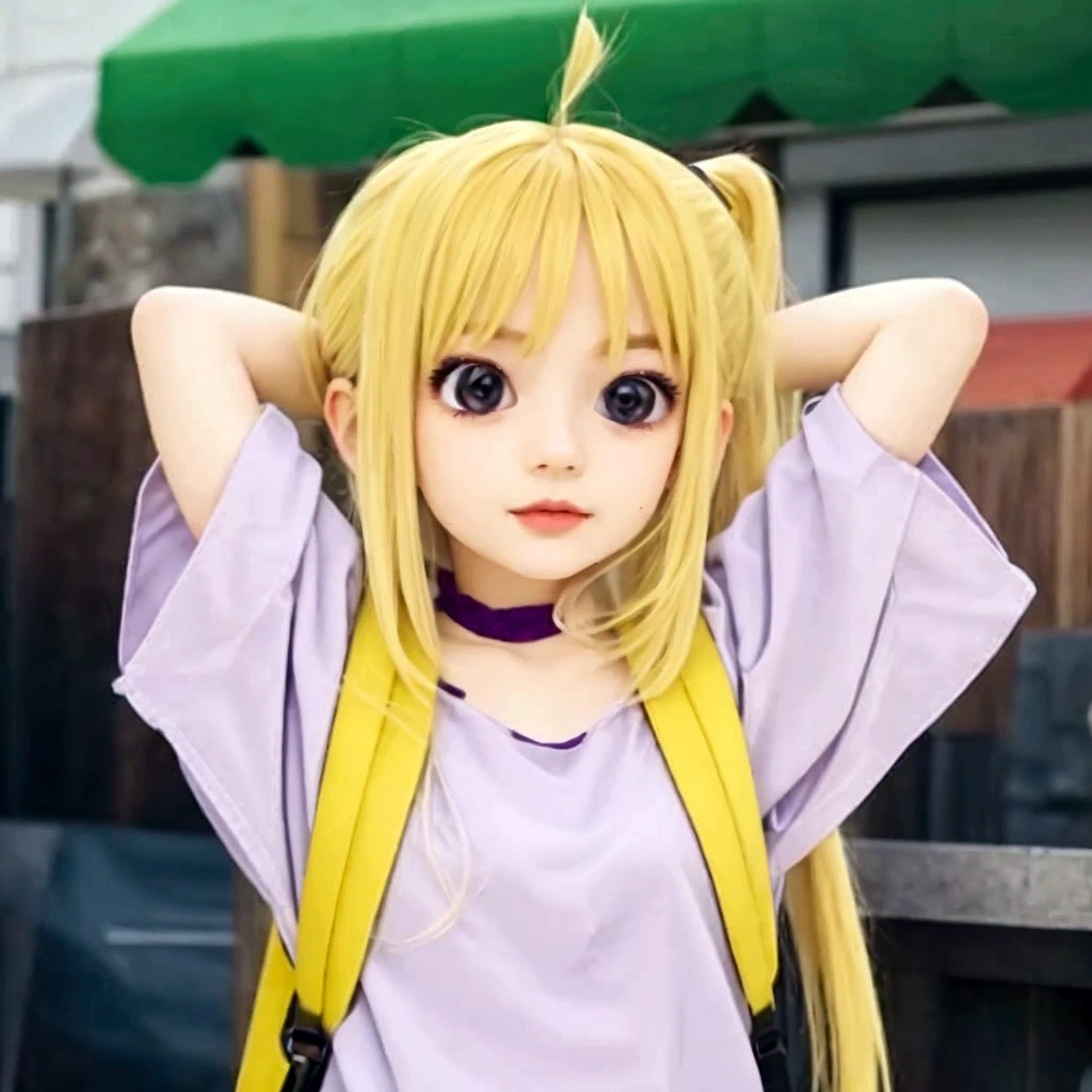 blonde girl with purple shirt and a yellow backpac