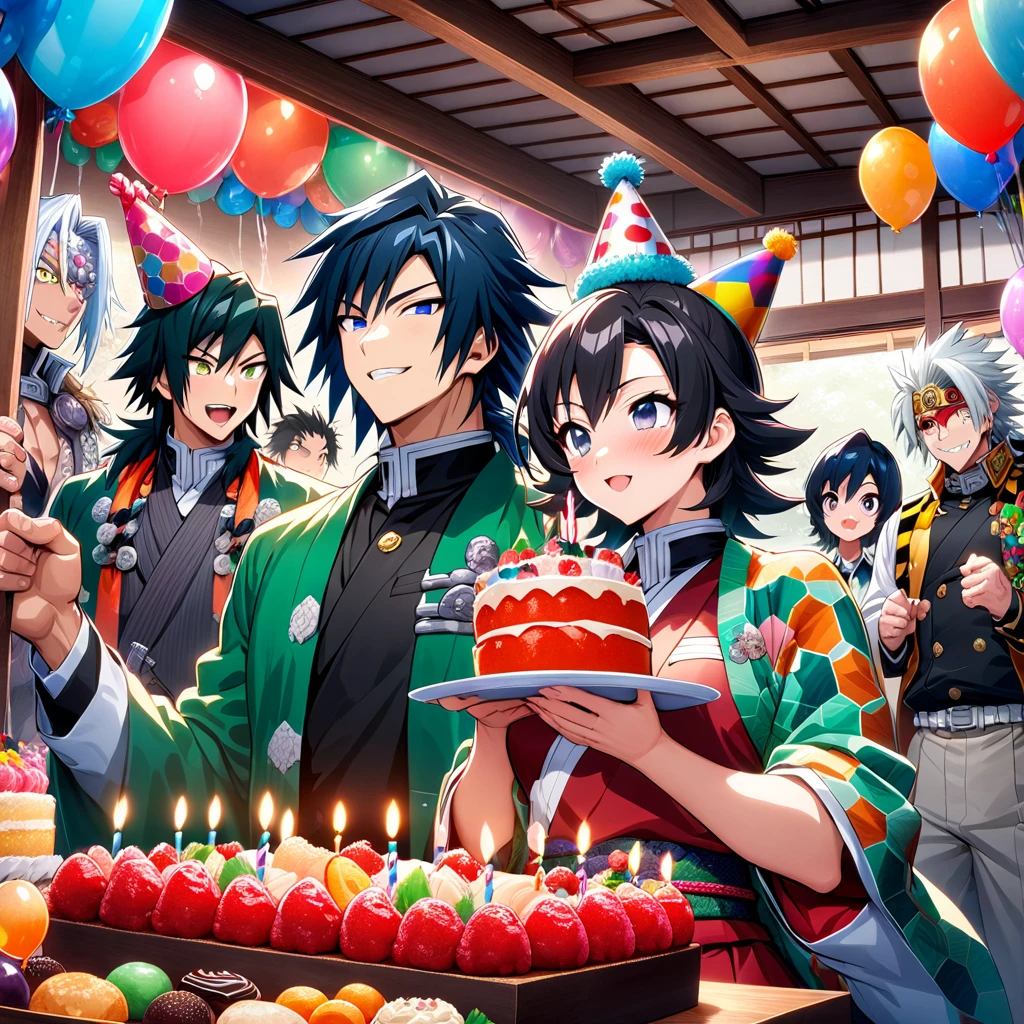 Ultra detailed, high resolution, absurd, HDR, masterpiece, anime man and woman, beautiful woman (with long white hair with deep red highlights, woman (with yellow eyes), haori, wearing anime uniform demon slayer corps, Kimetsu No Yaiba, the woman is holding a birthday cake, everyone is wearing a birthday hat, balloons on the ceiling, sweets, handsome Tomioka Giyu, Hashira, Sanemi Shinazugawa, Uzui Tengen, , birthday hats, Japanese house, best quality, extremely detailed face, anime