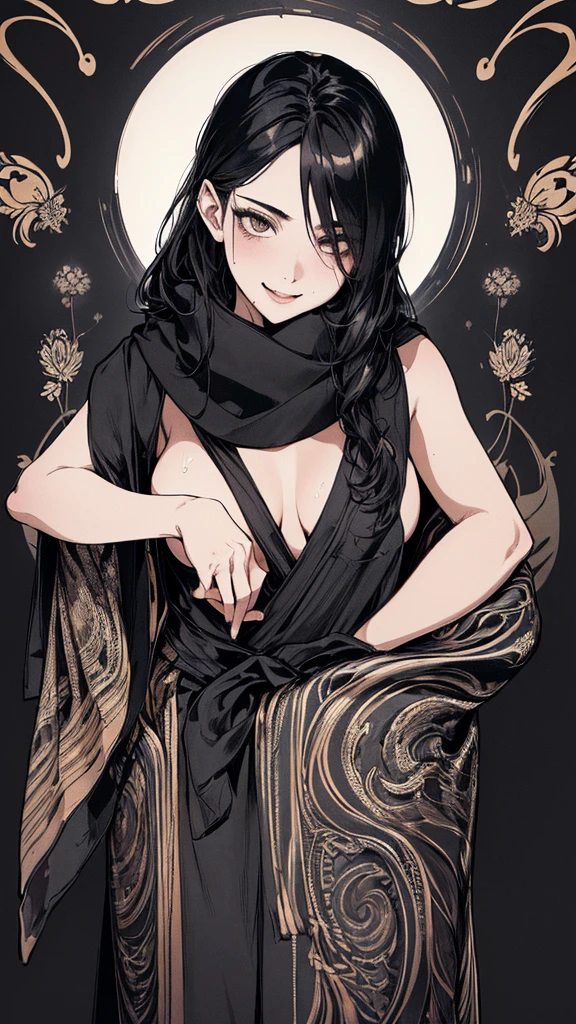 Highest quality, (Background details), High Contrast, Very beautiful woman, Detailed original illustrations, functional, Delicate face, Black Hair、Ninja, Ninja costume, scarf, Cover your face with a hand towel, charm, Naughty kid, sexy, Real breasts, Crazy Smile, Crazy Eyes, Black Robe, Black background, (Black background: 1. 5), Beautiful line art, Monochrome