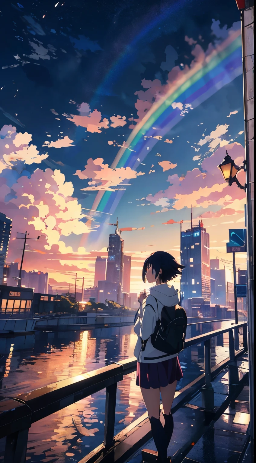 Anime girl standing in a big city looking at the rainbow sky,Near future city、 Makoto Shinkai Cyril Rolland, anime art wallpaper 4k, anime art wallpaper 4k, Anime Art Wallpapers 8K, Inspired by Cyril Rolland, Dan Mumford&#39;s Artwork Style, Awesome Wallpapers, by Yuumei