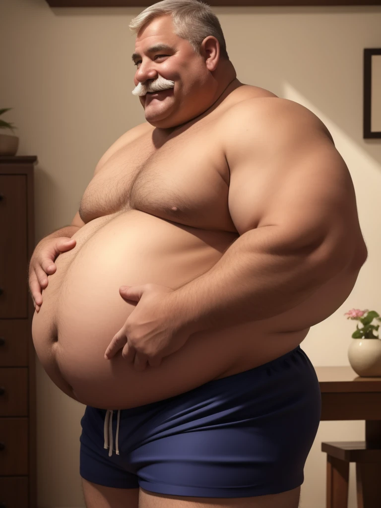 a smiling obese old man, chubby, big fat, detailed realistic portrait, 8k high resolution, sumo physique, side view, perfect center, full view, realistic skin texture, wrinkled face, short hair, thick mustache, jovial expression, huge belly, fat, wearing shorts, high detail, masterpiece, (best quality,4k,8k,highres,masterpiece:1.2),ultra-detailed
