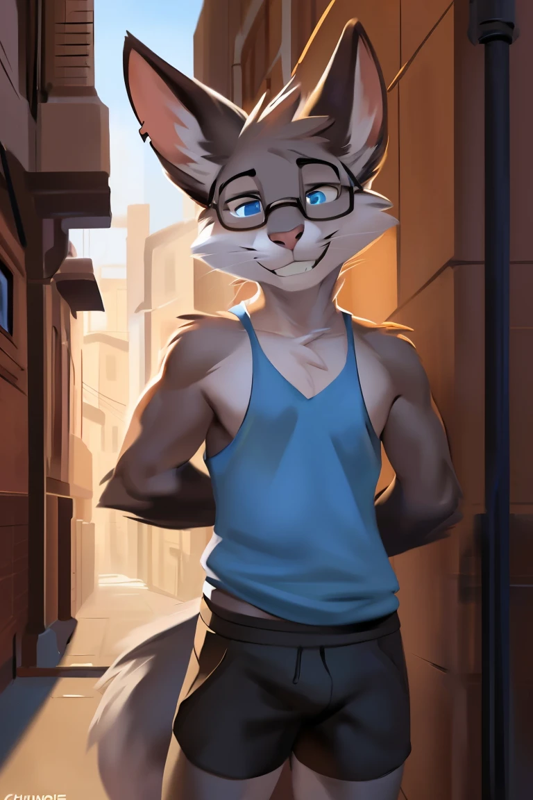 Alone, male, ((flat)), (((snout))), (notched ear, rabbit teeth), Delgado, weak, ((tired out, dizzy, tired out eyes, sleepy)), whiskers, gray fur, gray body, claws, (perfect smile, 1.1), rodent, by schmutzo, and lizette, (por bebebebebe 1.2), Delgado, smelly, nervous smile, ((mysticfox61)), by chunie, by no swift, black shorts pink tank top alley, golden hour, PLANTS, blue eye glasses. Full body looking towards viewer
