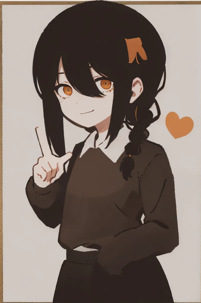 1 girl, solo, Nayuta (chainsaw man), black hair, x hair ornament, long hair, hair ornament, orange eyes, looking at viewer, long sleeves, dress, uniform, smile, ribbon hair, closed mouth, shirt black, hair between eyes, traditional media, (giving half a finger)