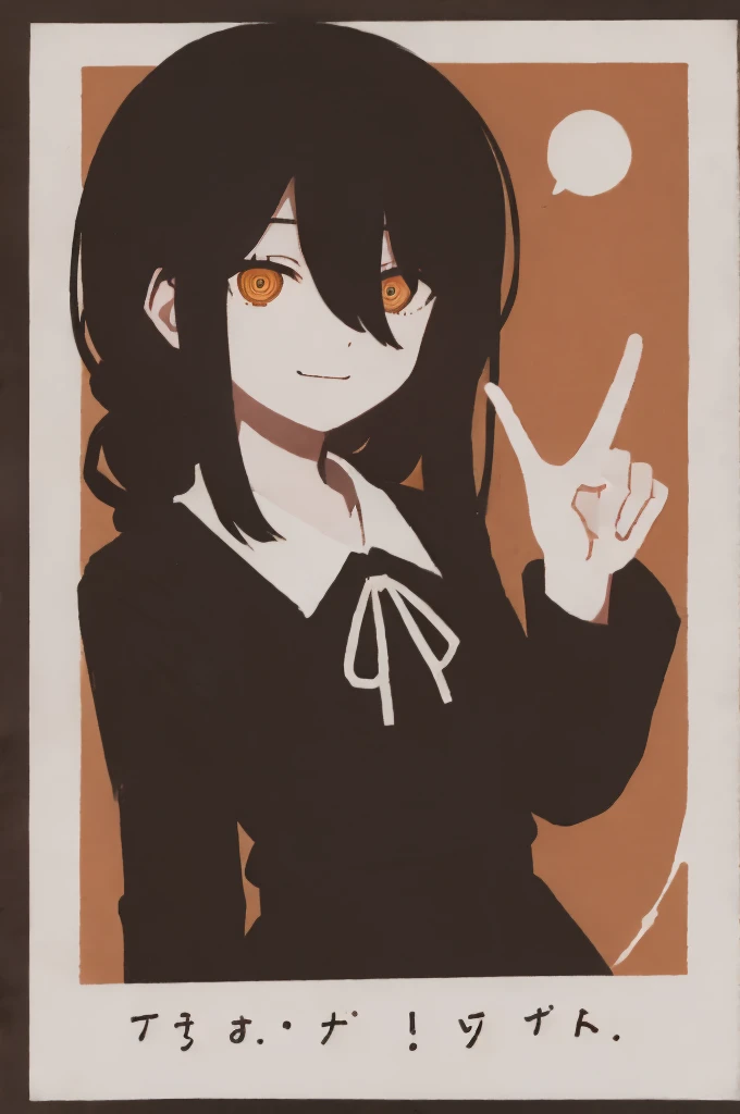 1 girl, solo, Nayuta (chainsaw man), black hair, x hair ornament, long hair, hair ornament, orange eyes, looking at viewer, long sleeves, dress, uniform, smile, ribbon hair, closed mouth, shirt black, hair between eyes, traditional media, (giving half a finger)