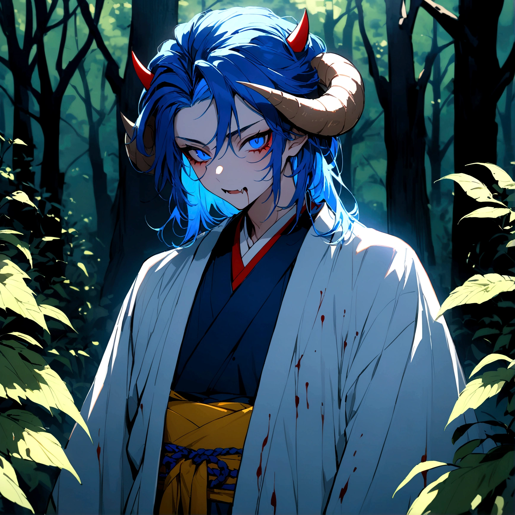 Beautiful 18 year old boy,Long blue hair,Two demon horns growing from his head.Wearing a Japanese kimono.nails are long,The fangs are sharp,Clothes with blood.Standing in the woods.