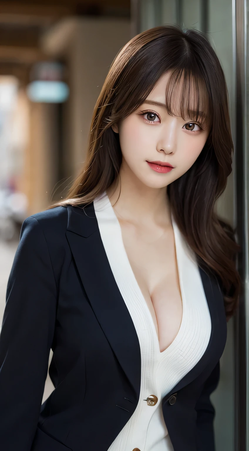 masutepiece, Best Quality, Illustration, Ultra-detailed, finely detail, hight resolution, 8K Wallpaper, Perfect dynamic composition, Beautiful detailed eyes,  Natural Lip,Blazer ,, cleavage, Full body