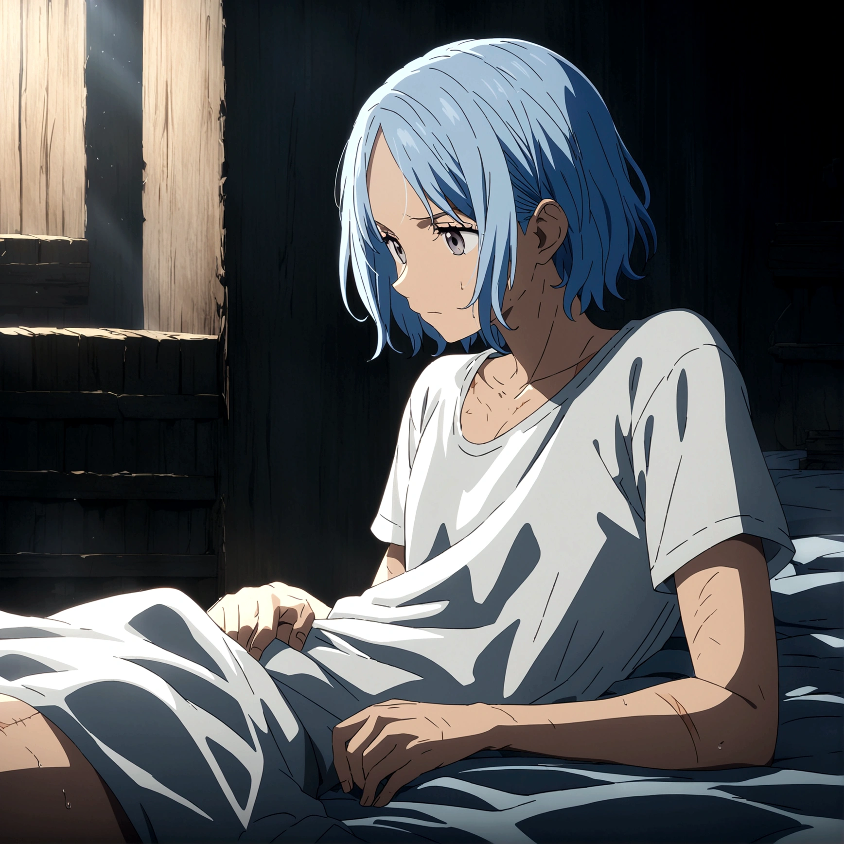 Man, lean and defined body, gray blue hair, gray beard, gray eyes, scars all over the body, open gray old t-shirt, lazy expression, lying down in a relaxed manner, "One Piece-inspired anime features, drenched in dramatic and incredible lighting, dramatic lighting, infused with creative details, ultra-fine 2D design, scenery bathed in creativity, bathed in creativity, boasting HD anime resolution clarity, HD anime graphics, high-octane rendering"