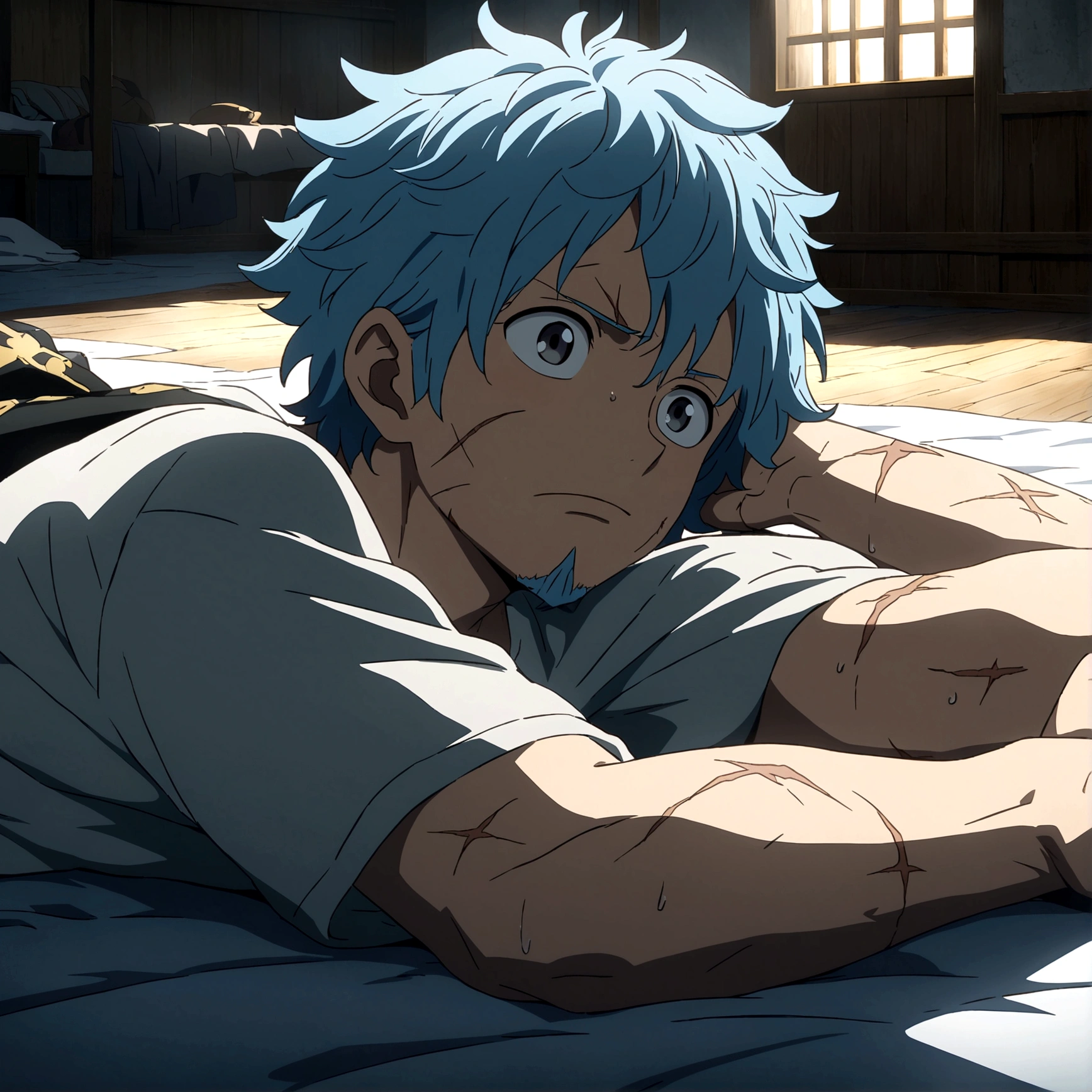 Man, lean and defined body, gray blue hair, gray beard, gray eyes, scars all over the body, open gray old t-shirt, lazy expression, lying down in a relaxed manner, "One Piece-inspired anime features, drenched in dramatic and incredible lighting, dramatic lighting, infused with creative details, ultra-fine 2D design, scenery bathed in creativity, bathed in creativity, boasting HD anime resolution clarity, HD anime graphics, high-octane rendering"