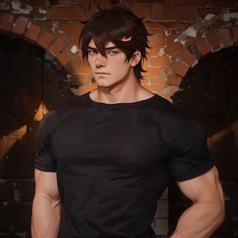 a man with a pink bow standing in front of a brick wall,shuushuu anime image, muscular!!, okata kazuto, muscular!,miura kentaro style