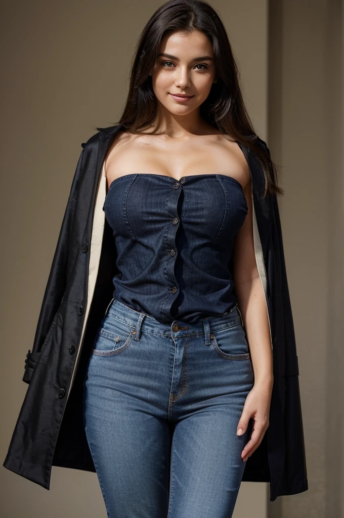 Create an image of a beautiful girl TV presenter dressed elegantly in jeans clothing ready for a report or an interview standing and in the pose of a formal presenter. With an elegant, luxurious and shiny silk BLACK COAT, she also looks tender, happy and talking.. front view smiling ready to be interviewed in front of a camera. Remember that you must have a beautiful figure, that is, an attractive body and a beautiful face.. Wide hips WIDE WAIST BLUE JEANS. THE WOMAN IS ONLY 19 YEARS OLD BUT SHE IS ALREADY A CORPORATE WOMAN. REMEMBER SHE IS DRESSED SEMI-FORMALLY.