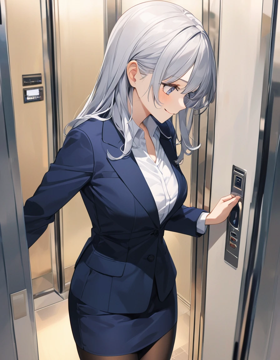 8K, Highest quality, masterpiece, Wallpapers by Unity 8K, office、(One Girl) , 、 Perfect detail, (Best lighting) , (Very intricate detail)、Big eyes、masterpieceサイドライト、(((Silver Hair))),(Her hair color is a blue-gray gradient), Semi-long hair, Very detailed, ,Larger breasts、office lady, {Navy blue business suit、white business shirt, Navy blue pencil skirt、 pantyhose}, office、Inside the elevator、profile、smile