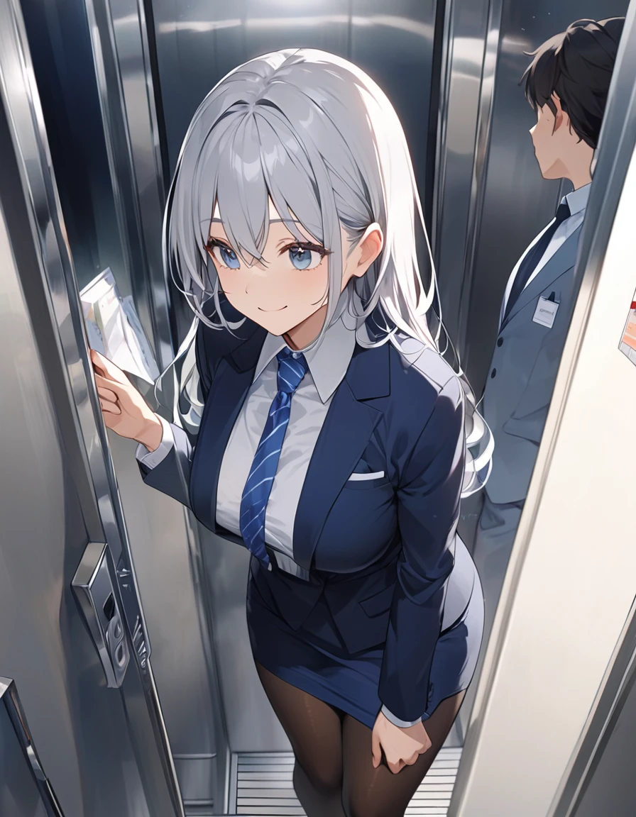 8K, Highest quality, masterpiece, Wallpapers by Unity 8K, office、(One Girl) , 、 Perfect detail, (Best lighting) , (Very intricate detail)、Big eyes、masterpieceサイドライト、(((Silver Hair))),(Her hair color is a blue-gray gradient), Semi-long hair, Very detailed, ,Larger breasts、office lady, {Navy blue business suit、white business shirt, Navy blue pencil skirt、 pantyhose}, office、Inside the elevator、profile、smile