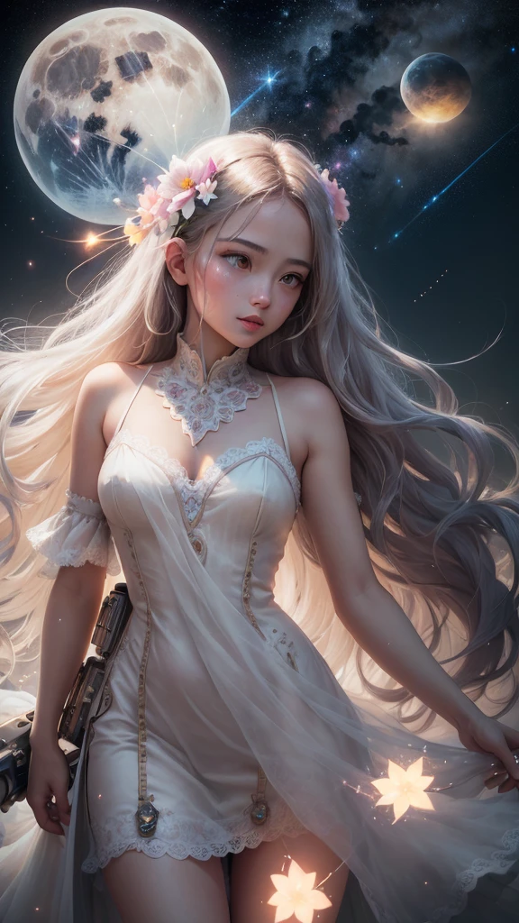 (analog photo:1.2),((dynamic pose:1.2),(dynamic camera),fantasy style, On the moon full of flowers, an young woman with long lace dress, long hair,walking happily on the flowers moon, looking to camera, The background is the space background, and Earth, stars, and other planets can be seen flying ribbons,design, lighting, photography, cute, realistic, ultra realistic, real photography, photorealistic, Photo taken on a Mamiya ARZ67 with Portra 400 film, aperture 4, shutter speed 125 stardust concept art,, (natural colors, correct white balance, color correction, dehaze,clarity), (composition centering, conceptual photography)),(midnight hour, high quality, film grain), (natural colors, correct white balance, color correction, dehaze,clarity)