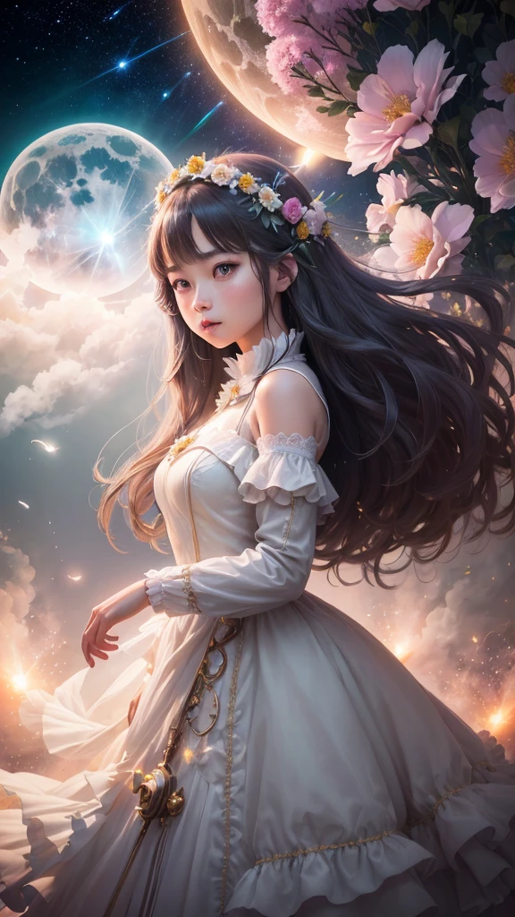 (analog photo:1.2),((dynamic pose:1.2),(dynamic camera),fantasy style, On the moon full of flowers, an young woman with long lace dress, long hair,walking happily on the flowers moon, looking to camera, The background is the space background, and Earth, stars, and other planets can be seen flying ribbons,design, lighting, photography, cute, realistic, ultra realistic, real photography, photorealistic, Photo taken on a Mamiya ARZ67 with Portra 400 film, aperture 4, shutter speed 125 stardust concept art,, (natural colors, correct white balance, color correction, dehaze,clarity), (composition centering, conceptual photography)),(midnight hour, high quality, film grain), (natural colors, correct white balance, color correction, dehaze,clarity)
