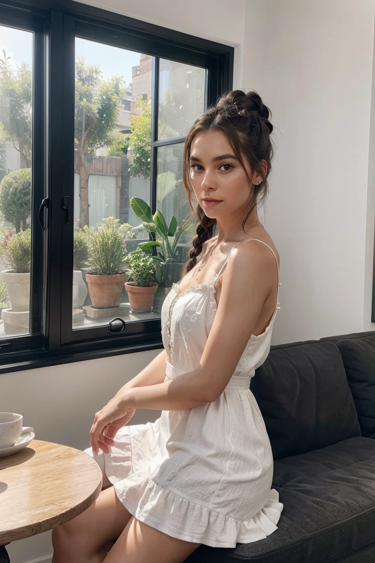 Create a hyper-realistic digital painting of a young woman with long, braided dark hair, styled into two buns on top of her head. She is posing confidently in a modern, stylish room. The woman is wearing a form-fitting, white and lavender mini dress with delicate black floral embroidery and ruffled trim. The room features contemporary furniture and decor, including a vase of pink tulips on a side table. The overall mood is elegant and chic, with natural light streaming in through a large window, highlighting the details of the scene and the woman's attire.