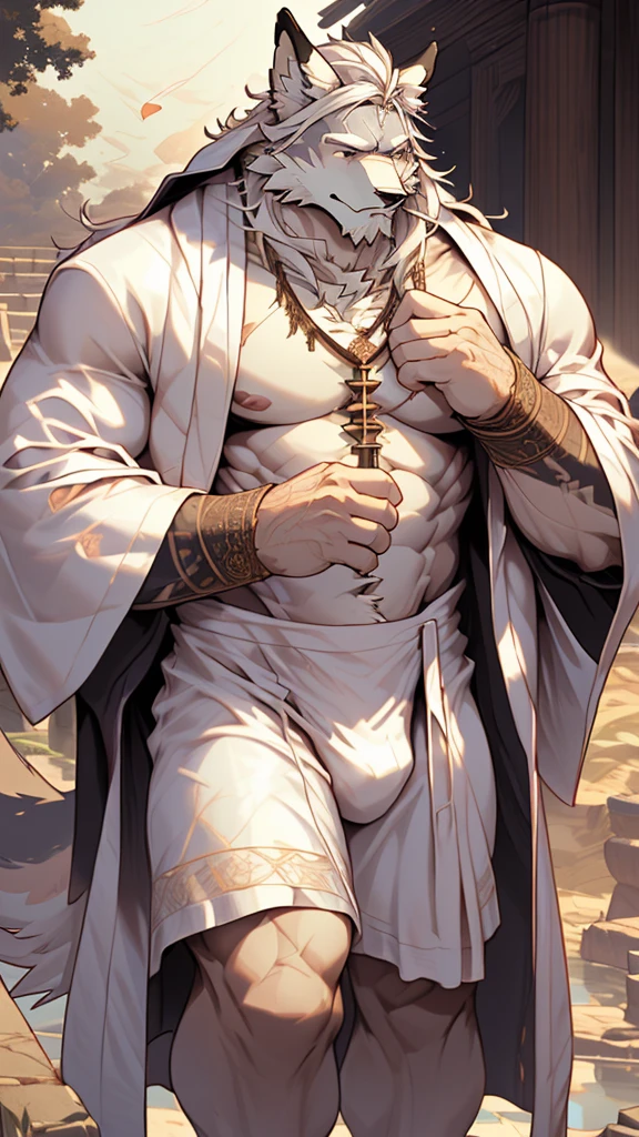 (masterpiece),(highres),(intricate details:1.4),extremely detailed,(illustration:1.2),8k,photorealistic,exquisite,,aged,elder male wolf ,muscular,(bishop :1.7),(Ancient Greek mythological style;1.8),(loose white robe:1.6),manhood,safeguard,(white hair:1.3),long hair,long white beard,scar,(badly damaged),(sacrifice),hurt,broken body ,(bulging crotch:1.8),(homosexual),(naked body:1.7),(a serene face:1.9)