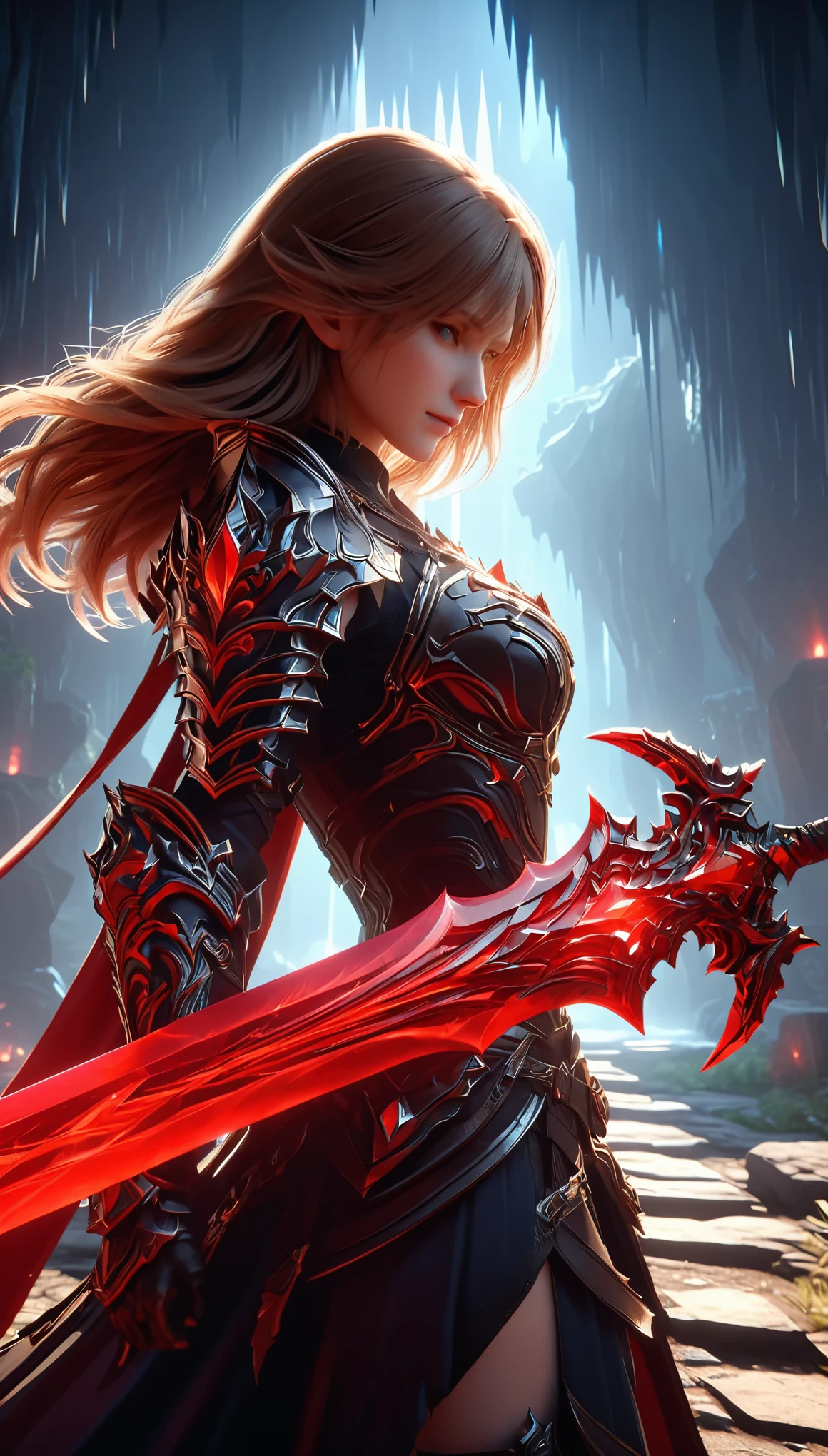 shattered glass,broken,refraction,Reflective,Light and Shadow Art,1 Girl half body close-up,Blurred foreground,Dynamic Action,Motion Blur,Luminescence(Giant Long Sword:1.8),Red light,Realistic sword,Broad blade,3d ,Unreal Engine,Rendering,scary shadows