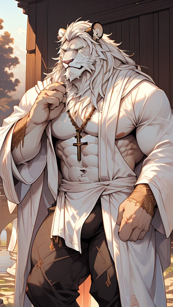(masterpiece),(highres),(intricate details:1.4),extremely detailed,(illustration:1.2),8k,photorealistic,exquisite,,aged,elder male lion ,muscular,(bishop :1.7),(Ancient Greek mythological style;1.8),(loose white robe:1.6),manhood,safeguard,(white hair:1.3),long hair,long white beard,scar,(badly damaged),(sacrifice),hurt,broken body ,(bulging crotch:1.8),(homosexual),(naked upper body:1.7),(a serene face:1.9)