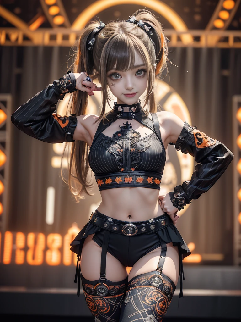 (Full Body View:1.3)、(lotus position:1.1)、(Smiling with teeth showing:1.3),(Shibuya Gal:1.5)、(Gothic ta style fashion:1.5)、(Punk RockVisual Kei:1.5)、(Wearing a rhythmic gymnastics bodysuit with intricate details:1.4)、(Racing suit and pants with intricate white and orange decorations:1.5)、(Denim and orange and white boots:1.3)、((belt))、(Numerous delicate logo marks all over the costume:1.4)、(collar:1.3)、(Striped underwear:1.5)、20-year-old、NSFW、((Highest quality、In 8K、masterpiece:1.3))、Sharp focus:1.2、(Layered Cut、Huge boobs:1.1),Beautiful woman with perfect figure:1.4、(Dancing vigorously:1.3)、Slender Abs:1.2、Highly detailed face and skin texture、Detailed eyes、double eyelid,(Twin tails:1.3)、(Brown-golden hair:1.3)、Gravure idol、(The background is the stage of the fashion show:1.3)、(Slim body:1.3),(Make your legs thinner:1.4),(clavicle:1.1)、(Thin and slim thighs:1.3)