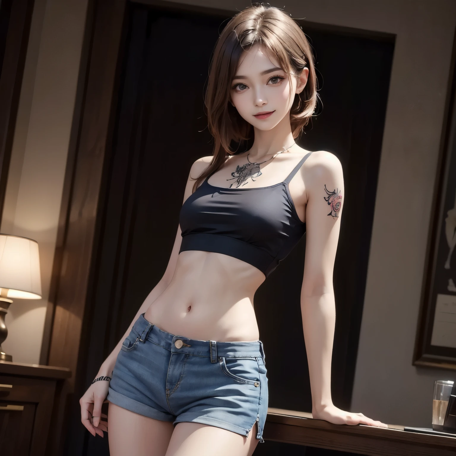 (night, Soft lighting, Highest quality, 8K, masterpiece, RAW Photos: 1.3) close-up portrait of young girl with tattoo arms and top, ((tattoo young girl, ink, tattoo, tattoo body)), female model, short camisole and short skirt pants streetwear, Half naked, Half naked, Disheveled clothing, tattoo, Wearing a sexy crop top, Sexy girl in shorts, Tight waist, beautiful abdomen, ever small midriff, Very detailed, Intricate details, Very detailed face and skin, Under boob, The body is slim, Fine grain, Realistic, compensate, intellectual, Fascinating, Beautiful standing posture, small, indoor, Invincible Smile