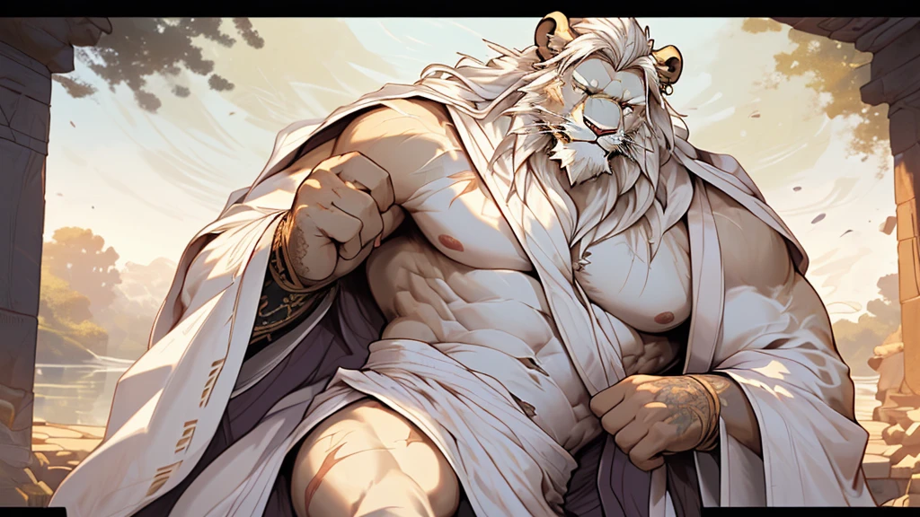 (masterpiece),(highres),(intricate details:1.4),extremely detailed,(illustration:1.2),8k,photorealistic,exquisite,,aged,elder male lion ,muscular,(bishop :1.7),(Ancient Greek mythological style;1.8),(loose white robe:1.6),manhood,safeguard,(white hair:1.3),long hair,long white beard,scar,(badly damaged),(sacrifice),hurt,broken body ,(bulging crotch:1.8),(homosexual),(naked upper body:1.7),(a serene face:1.9)