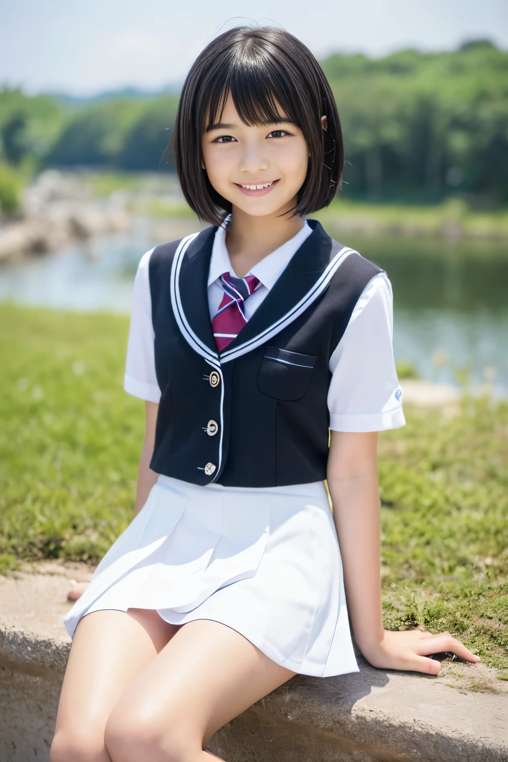 (((masterpiece))),  (Beautiful Japanese Girl, Classmate, Landscape and innocence，cute) ，Ultra-high resolution, Realistic, Ultra-detailed, 8K,Highest quality, Very detailed, Detailed Background,Slender,とてもBeautiful Japanese Girl, Detailed face:1.3), Full-body display，(Short Hair，Black Hair :1.4), (Baby Face，cute系,Adorable 12 year old girl), (Perfect body:1.1),  (school uniform，mini skirt、Sweating、Small white panties), The best smile,非常にDetailed face、Beautiful thighs，Detailed lips、Detailed eyes、 gravure idol，Clear Skin，Sitting on a bench，Girl&#39;s Room