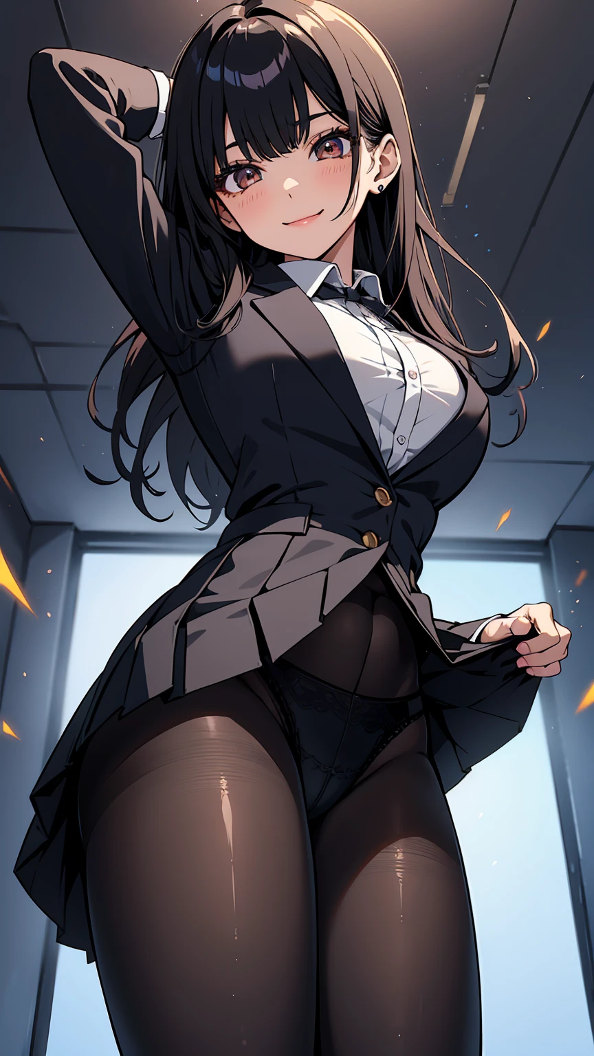 One Girl, Five Fingers, mini skirt, Looking down at the viewer, Black Hairロングヘアー, Highest quality, Focus on the thighs, Dynamic pose, smile, blazer, blouse, Black Pantyhose, panties under pantyhose, Standing Split, classroom, Black Hair, Stylish pose,My thighs and groin are steamy