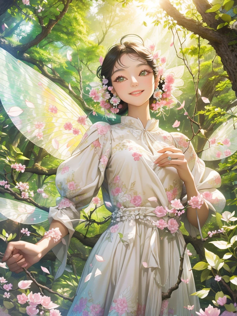Forest Fairy、The wind and petals fly from my scooping hands.、woman、smile、Long ears、Floral Dress、Race、Gorgeous Accessories、in the forest、wood々The sunlight shines in、Close up of upper body from below、delicate、colorful、