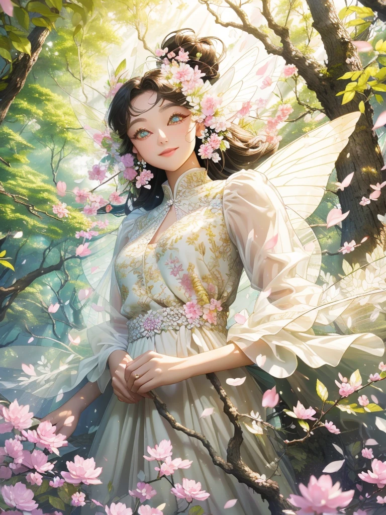 Forest Fairy、The wind and petals fly from my scooping hands.、woman、smile、Long ears、Floral Dress、Race、Gorgeous Accessories、in the forest、wood々The sunlight shines in、Close up of upper body from below、delicate、colorful、