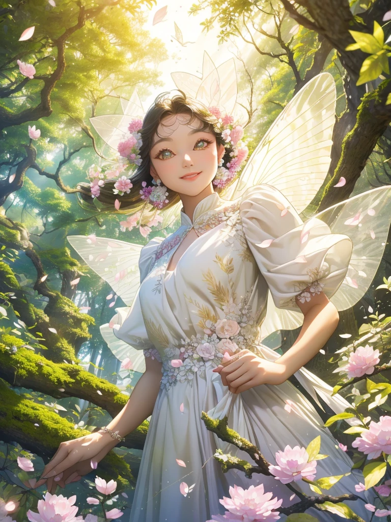 Forest Fairy、The wind and petals fly from my scooping hands.、woman、smile、Long ears、Floral Dress、Race、Gorgeous Accessories、in the forest、wood々The sunlight shines in、Close up of upper body from below、delicate、colorful、