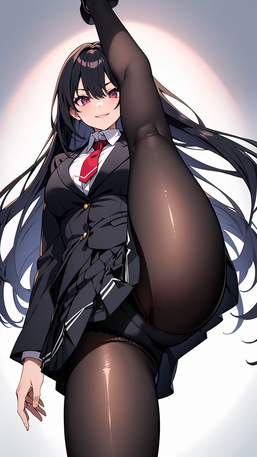 One Girl, Five Fingers, mini skirt, Looking down at the viewer, Black Hairロングヘアー, Highest quality, Focus on the thighs, Dynamic pose, smile, blazer, blouse, Black Pantyhose, panties under pantyhose, Standing Split, classroom, Black Hair, Stylish pose,My thighs and groin are steamy