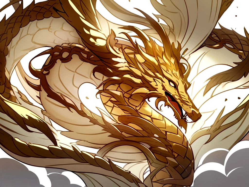 Logo、masterpiece、(White background:1)、Golden Chinese dragon surrounded by white clouds、deity々correct、wind、deity、Long wavy body、ivory、Upper part of the body、fantasy、myth、high quality、Very detailed、masterpiece、epic、Particle Effects、dynamic effect