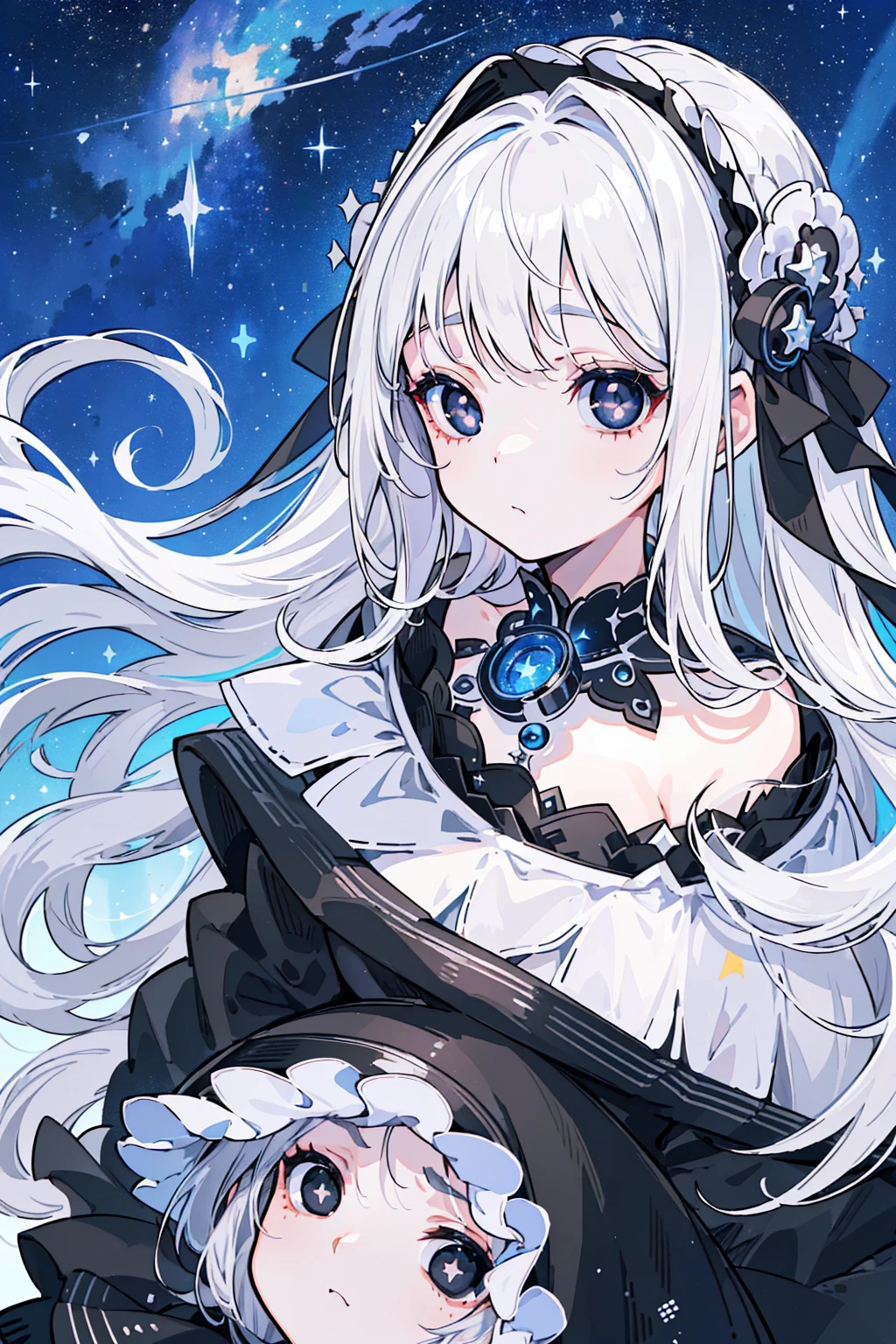 (Top image quality)、(Ultra Detailed)、(Facing forward)、top quality、masterpiece、((((1 girl))))、Silver Hair、white hair、((Long hair))、(black eyes:1.6)、(Lolita)、(Inorganic face:1.5)、(Slowly falling from the starry sky:1.5)