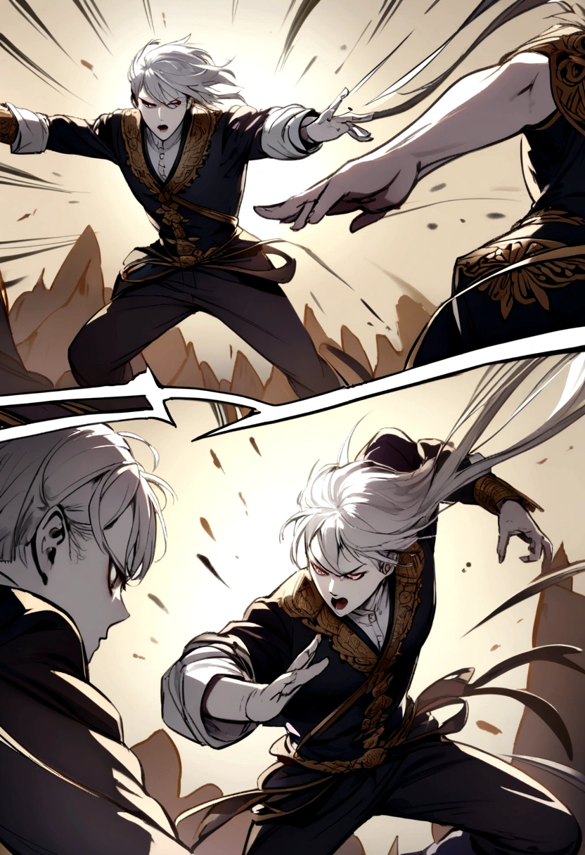 Dynamic poses, white hair man, pale skin, action