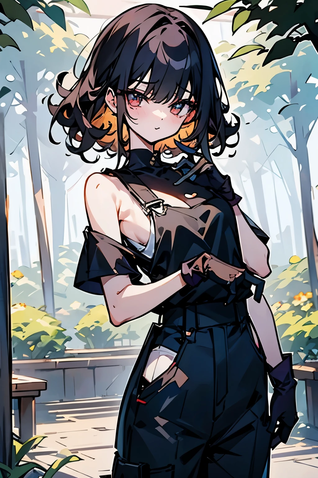 Slender beautiful girl、10th Generation、athlete、sleeveless Black T-shirt、Overalls、Off the shoulder、Gloves in hand、Curly Hair、Garden、Short stature、白いノースリーブのジップアップパーカー、ネックレス、笑う