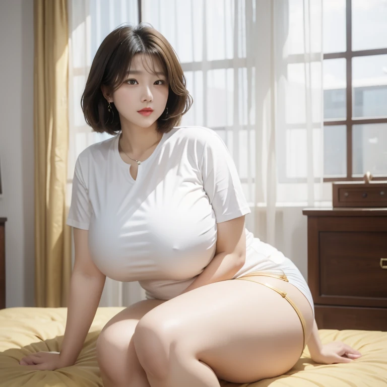 (masterpiece, best quality:1.2), (8K, best quality, masterpiece, Golden Ratio Composition,:1.3), woman, (Beautiful Japanese woman in her 40s), (90 kg obese woman), (Thick thighs), (雪白光滑的Long legs), (Wearing a white shirt,:1.2), (Huge breasts), (Long legs), Soft face line,Gentle,Silver short hair,