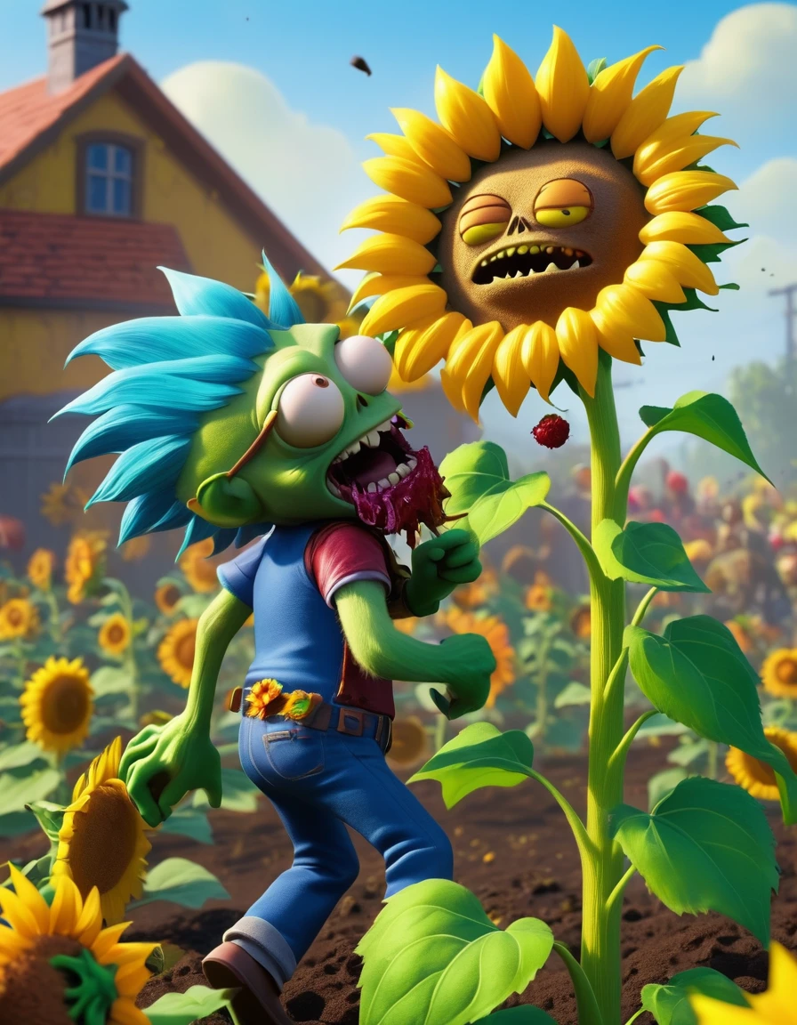 masterpiece, The best quality, highres, 8k, vivid colors, Photography, plantas versus zombies, side view, an anthropomorphic sunflower fighting a zombie
