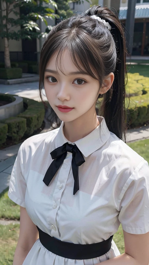 collared dress,european city park,On the lawn,One woman,masutepiece, The highest image quality, High quality, the background is clear,Beautiful woman, Japanese,Ultra-detailed, finely detail, hight resolution, 8K Wallpaper, Perfect dynamic composition, Beautiful detailed eyes , Detailed, Detailed eyes, Detailed skin, Beautiful skin, 超hight resolution, (reality: 1.4),Very beautiful woman, Slightly younger face, Beautiful skin, slender, (Ultra photo realsisim), (hight resolution), (8K), (Very detailed) (beautifully detailed eyes), (super detailed), (Detailed face), view the viewer, Fine details, Detailed face, Staring straight ahead, Staring straight ahead, photos realistic, Bright lighting, Professional Lighting, Black hair,poneyTail,a baby face,sixteen years old,Hairstyle: ponytail,Long ponytail hairstyle,slight smile,neat and tidy clothing,Beautiful Japanese KPOP idol photo, hair style is ponytail, my eyes are double and wide, baby face, smile and look straight ahead, slender, small breasts,Close up face,